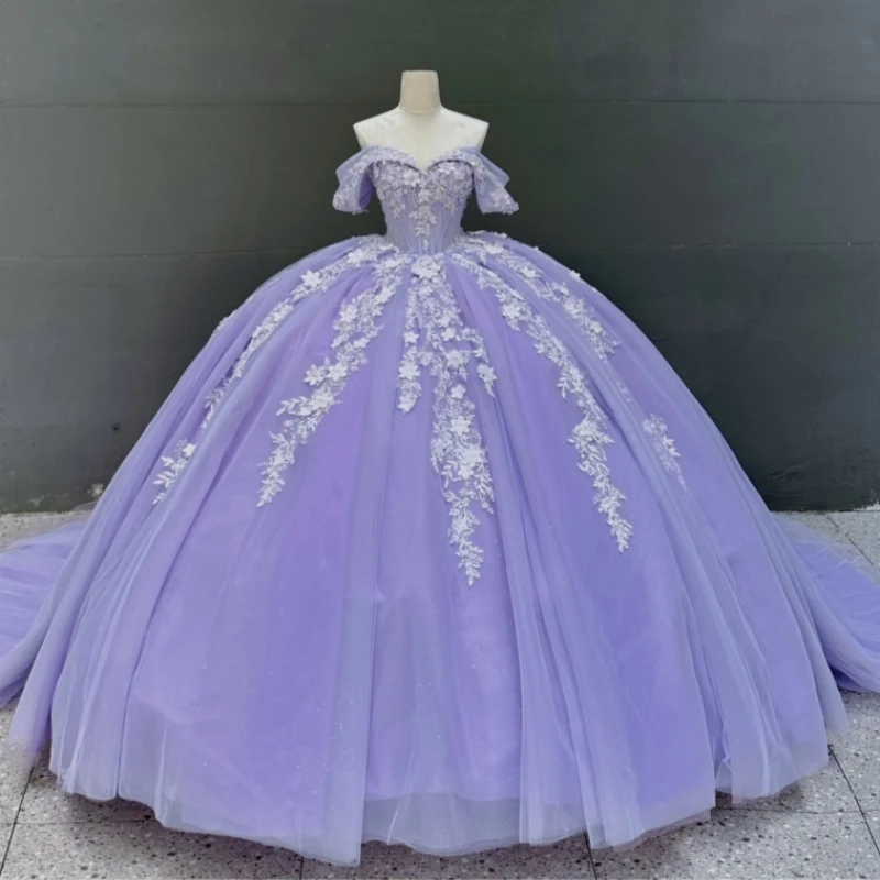 

Lavender Shiny Quinceanera Dresses Ball Gown Off The Shoulder Applique Lace Beading Crystal Tull Party Birthday Sweet 16 Dress