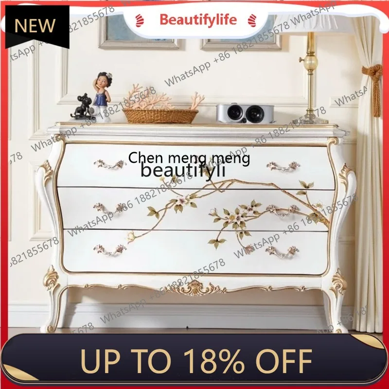 

P178 Painted Solid Wood European Storage Side Cabinet Carved Decorative Storage Cabinet Light Luxury Entrance Hallway Cabinet