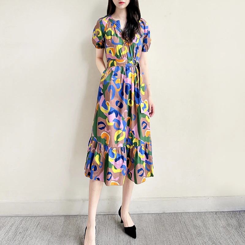 Puff Sleeves Multi Printed Cotton Belted Waist Midi Dress US 2-US 10