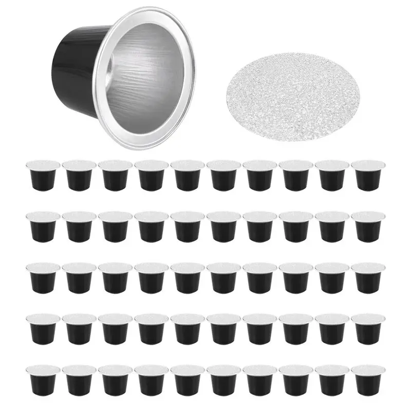 B69C 50Sets Refillable Coffee Capsules Cup Disposable Coffee Capsules Packaging Cafe Supplies For Nespresso Black