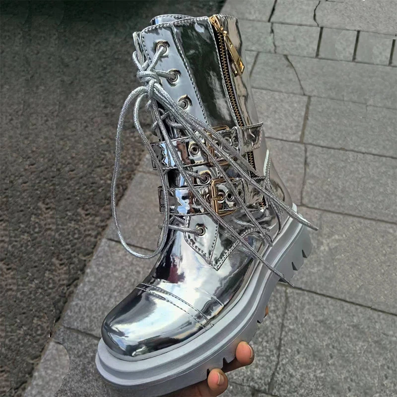 2026 Silver Belt Buckle Cross Strap Rhinestone Short Boots Casual Motorcycle Thick Sole Knight Boot Women Winter Silver Shoes