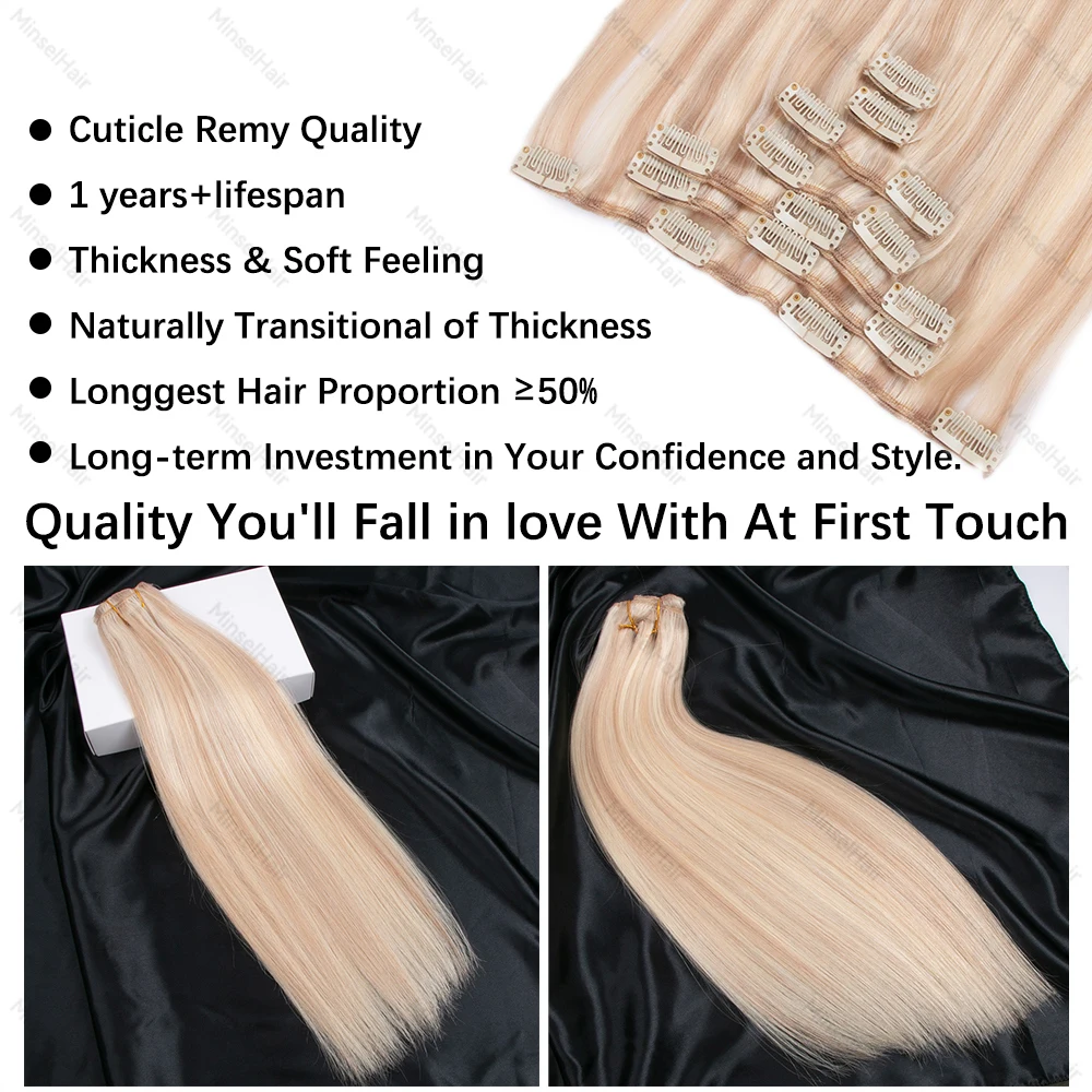 P18-60 Rambut Asli Pirang Model Jepit, Hairpiece Alami Kualitas Remy, Umur Pakai 1 TAHUN+, Lembut & Halus 120G 12-22 inci 7pcs