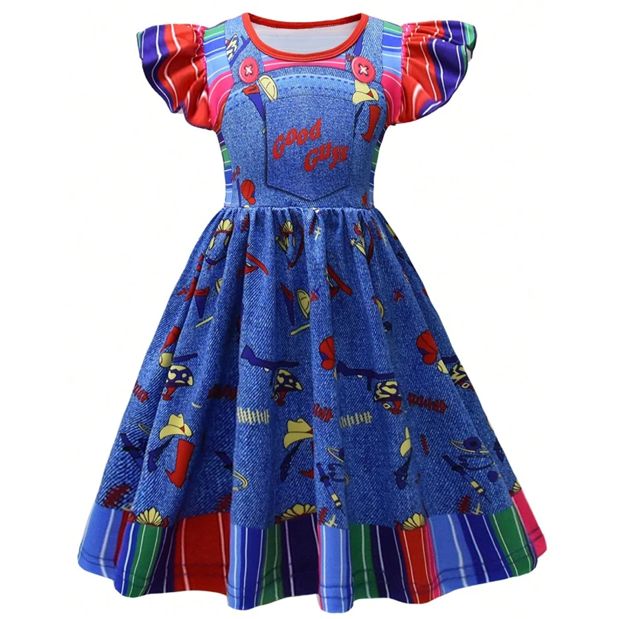 Kleinkind Mädchen Chucky Kostüm Kleid Child's Play Cosplay Outfit Kinder Flügelärmel Gestreiftes Halloween Karneval Party Faschingskostüm – Detail 4