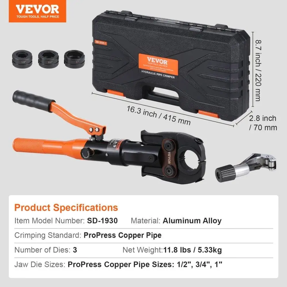 Universal Copper Tube Crimping Tool with 1/2, 3/4, 1 Jaws & Pipe Cutter for Easy Installation