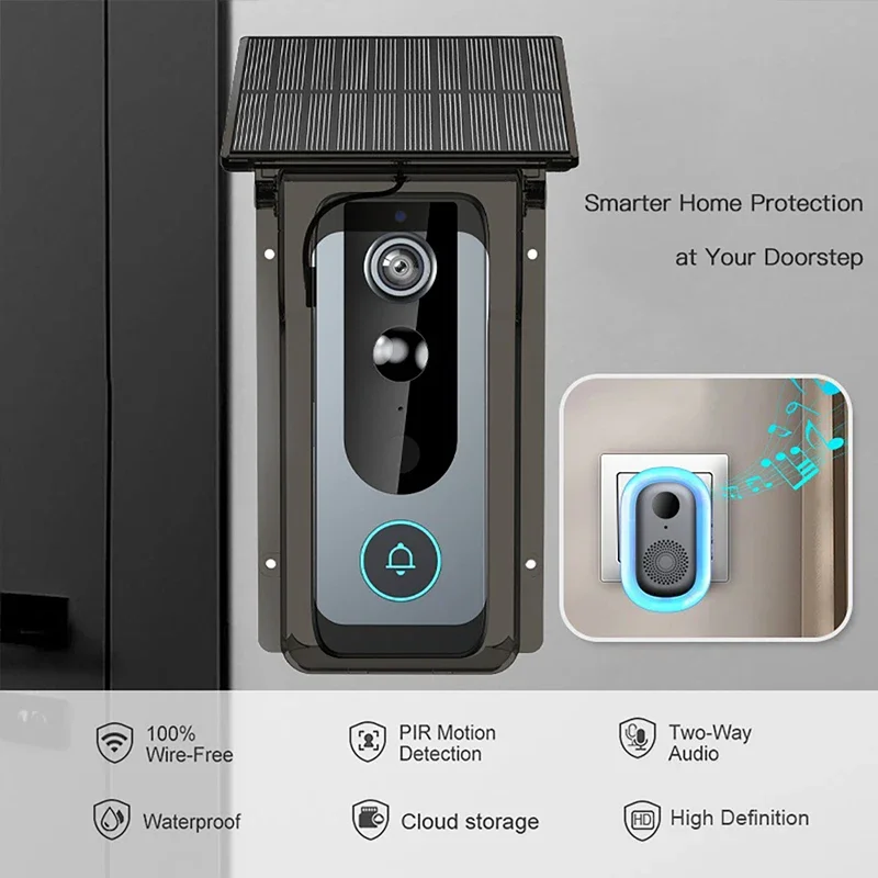 Timbre de vídeo inalámbrico para exteriores con cubierta Solar para lluvia, cámara IP65, monitoreo de puerta Digital impermeable, videoportero inteligente para el hogar