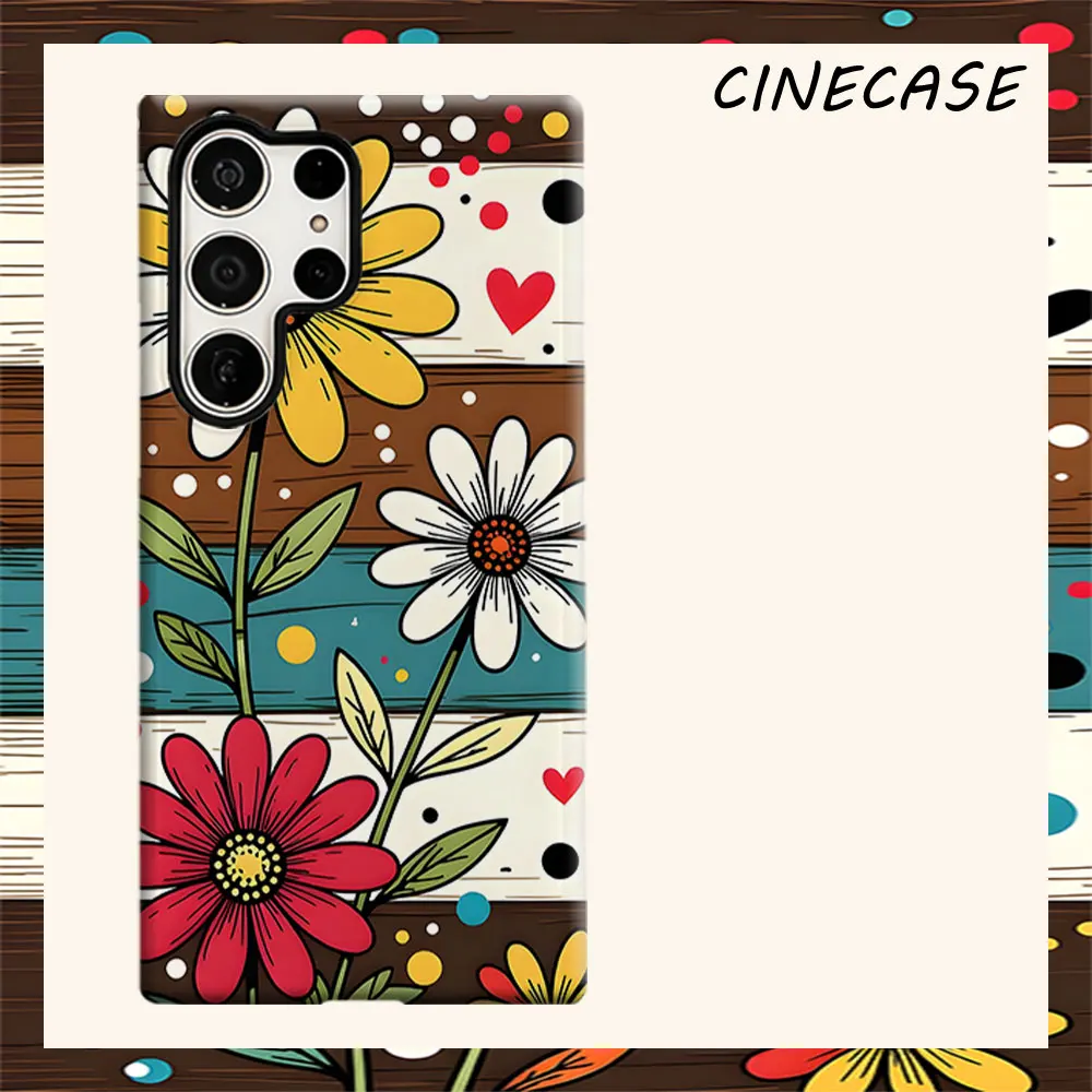 Retro Wood Daisy Dot For Samsung Galaxy S26 S25 S24 A56 A36 Dual Layer Luxury Fashion Full Lens Protective Case
