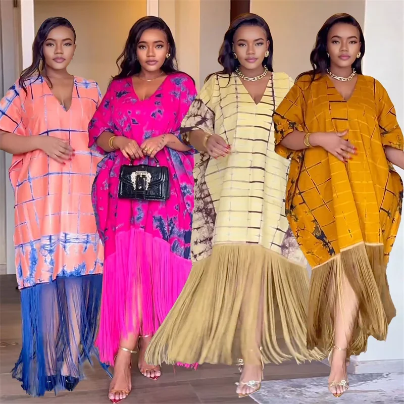 Vintage Print Loose Fit Maxi Dress Women Y2K Clothes Elegant V-neck Tassel Hem Birthday Club Party Long Dresses Vestido De Mujer