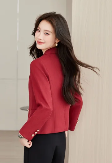 New Arrival Women's Red High‑End Elegant Long‑Sleeve Blazer with Suit Collar, Cross‑Border Top for Professional Wear