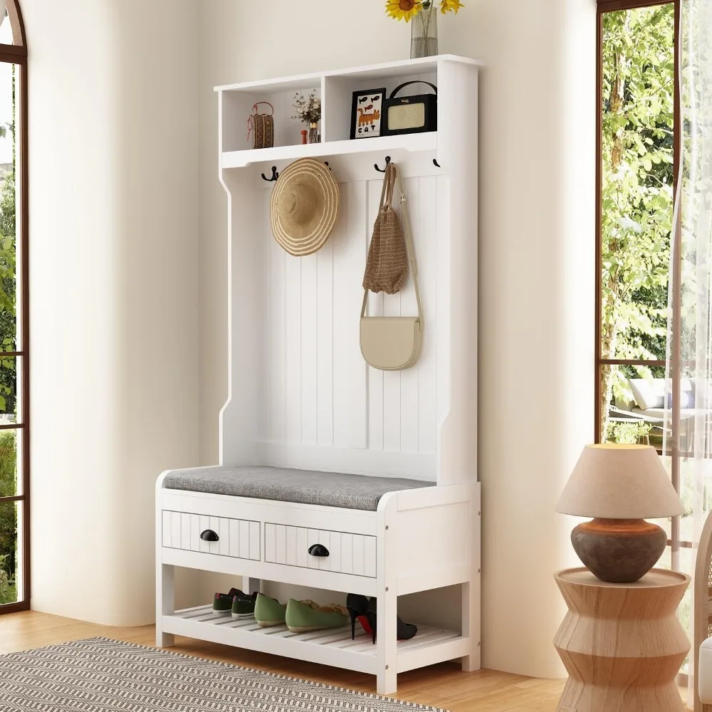 Hall Tree with Bench and Shoe Storage, Multi-Purpose Entryway Bench with Coat Rack, Padded Seat Cushion, 4 Double Hooks, Open S