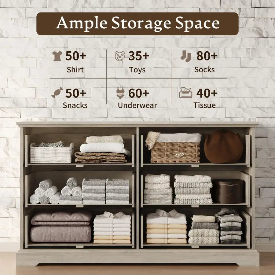 ตู้ลิ้นชัก 6 ชั้นสำหรับห้องนอน, ตู้ลิ้นชักสไตล์โมเดิร์นกว้าง 54 ซม. พร้อมลิ้นชักลึกและมือจับแบบแท่ง, ตู้ลิ้นชักไม้สไตล์เรสติกสำหรับวางทีวี