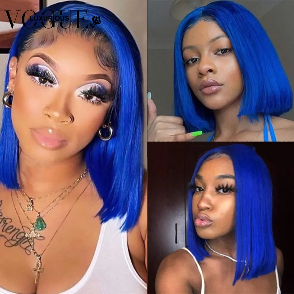 Straight Short Bob Pixie Cut Human Hair Lace Wigs Light Blue Colored Pre Plucked For Woman Brazilian Remy Natural Hairline