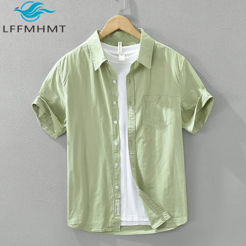 

8018 100% Cotton Comfortable Healthy Shirt Men Summer Fashion Japan Style Solid Color Simple Business Casual Basic Lapel Blouses