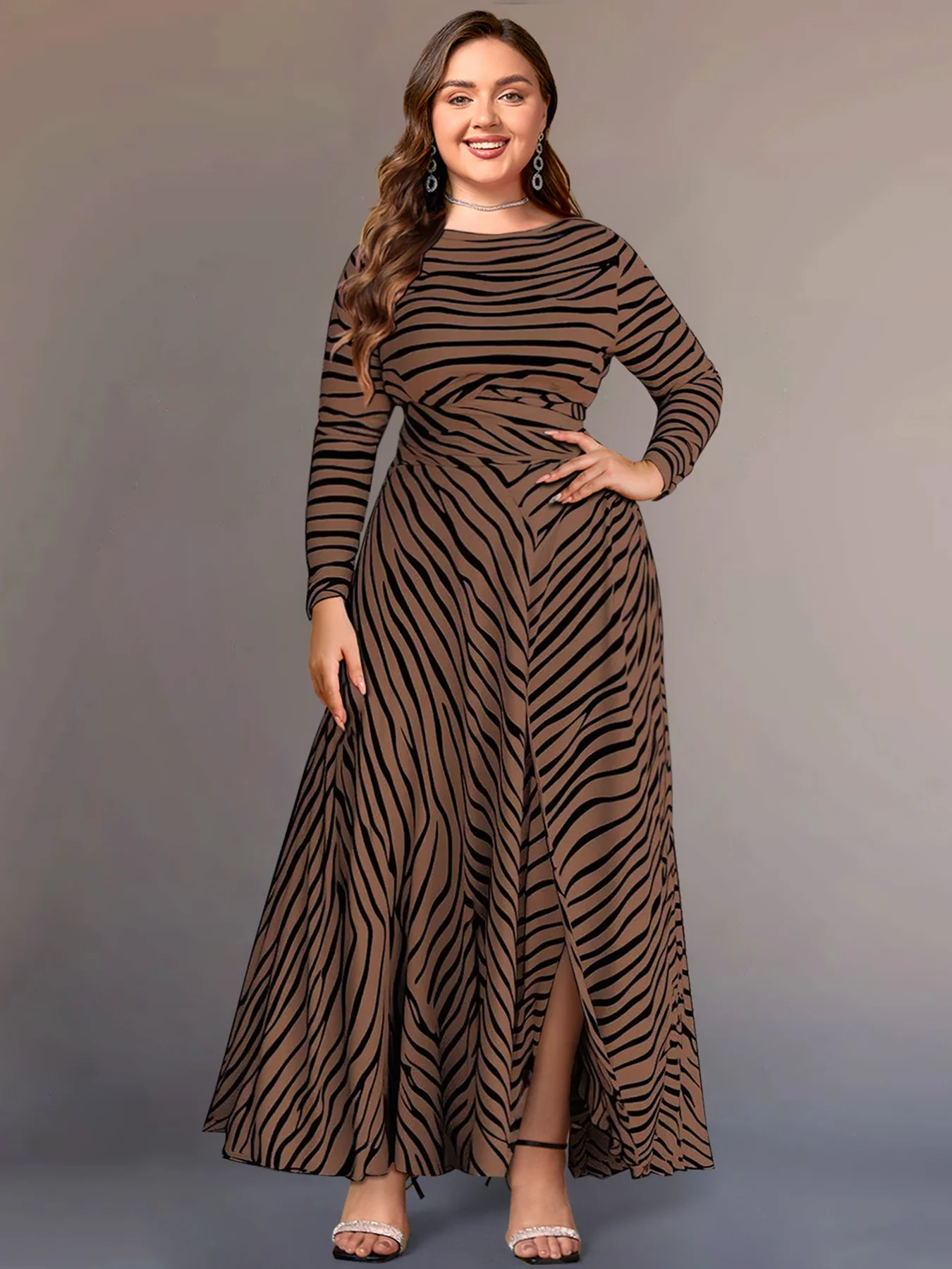 Women Plus Size Dress Vintage Pleated A-Line Business Casual Water Ripples Round Neck Long Sleeve Split Maxi Dress 2025