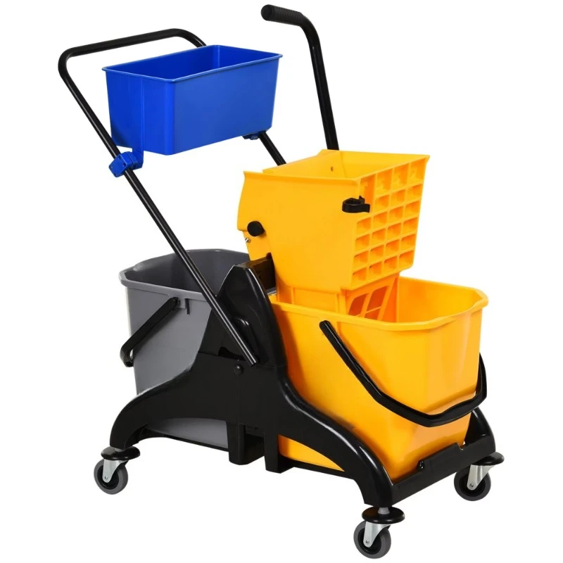 Yellow/Black 6.9-gallon mop bucket squeezer cart with slick wheels and mop handle holder - logo and PVC material available