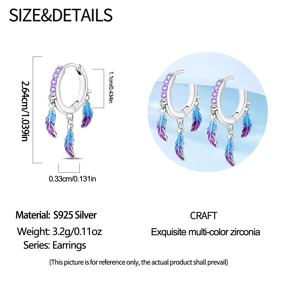 925 Sterling Silver Gradient Blue Purple Enamel Feather Huggie Hoop Earrings Bohemian Dangle Earring For Women Jewelry Gift