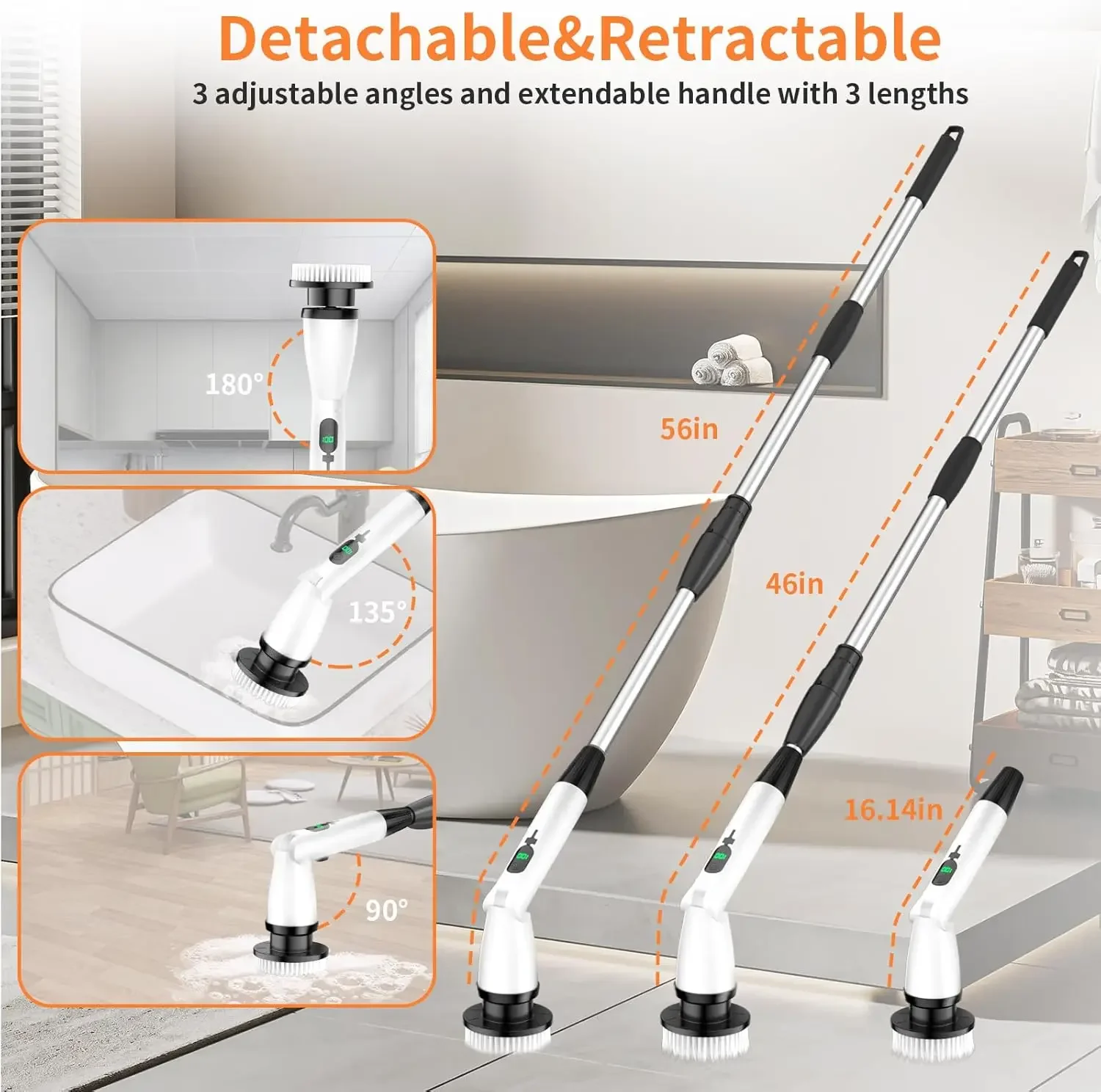 

XMSJ.11 in 1 Electric Spin Scrubber Cordless Cleaning Brush 3 Adjustable Angles 2 Adjustable Speeds LED Display Shower Cleaner