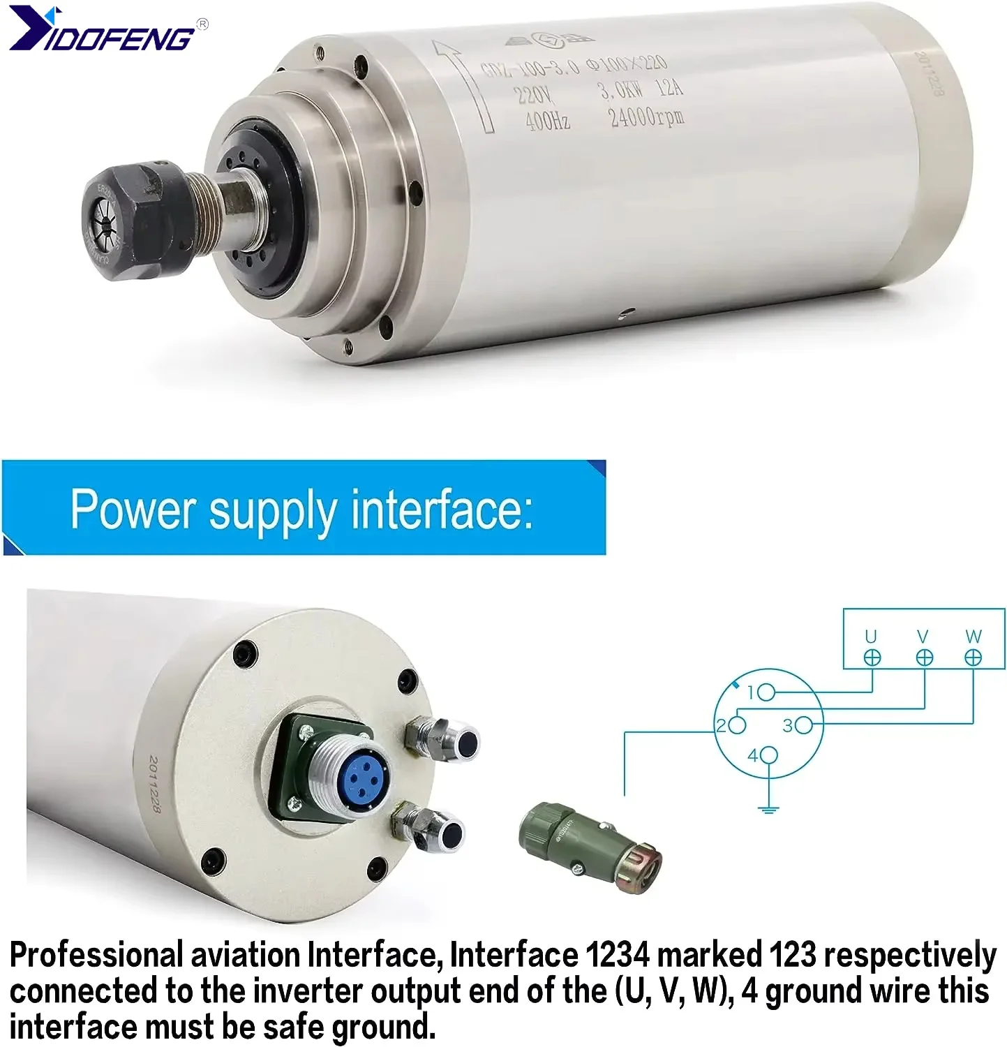 3KW ER20 Water Cooled Spindle Motor 220V 12A 24000rpm&3KW HY VFD&100mm Bracket&80W Water Pump&5m Pipe&Collet