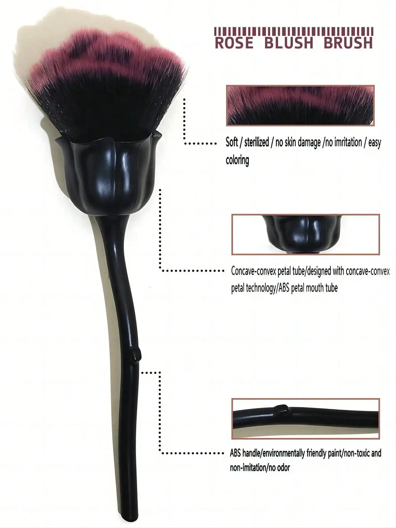 Zestaw pędzli do makijażu Black Rose Gradient z 1 Beauty Blender - puszysty pędzel do podkładu Rose Design i rozszerzalna gąbka do makijażu na mokro/sucho