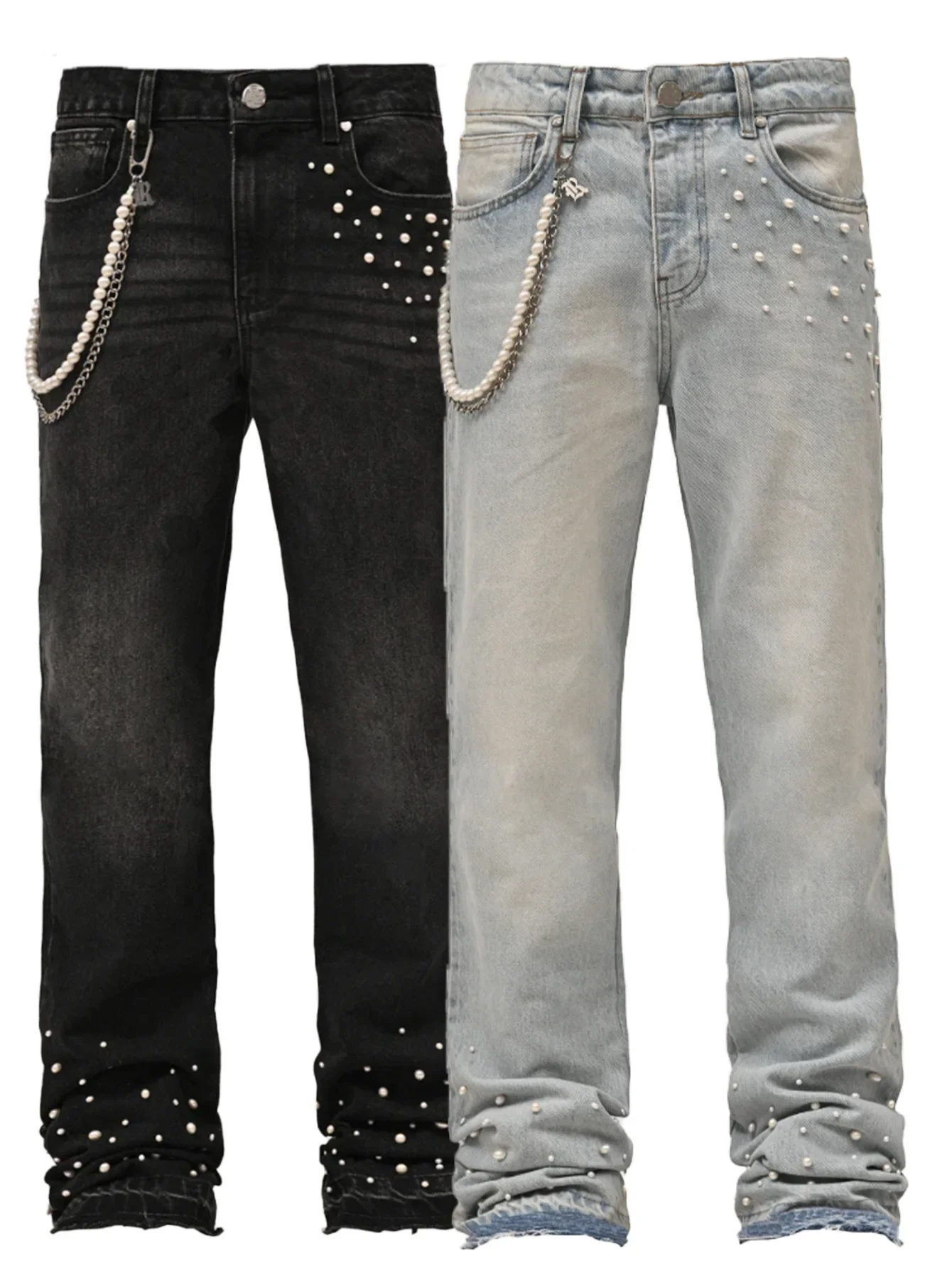 

New American Retro Pearls Stacked Jeans Men Straight Leg Stretchy Denim Bottoms Male's New Fashion Clothes