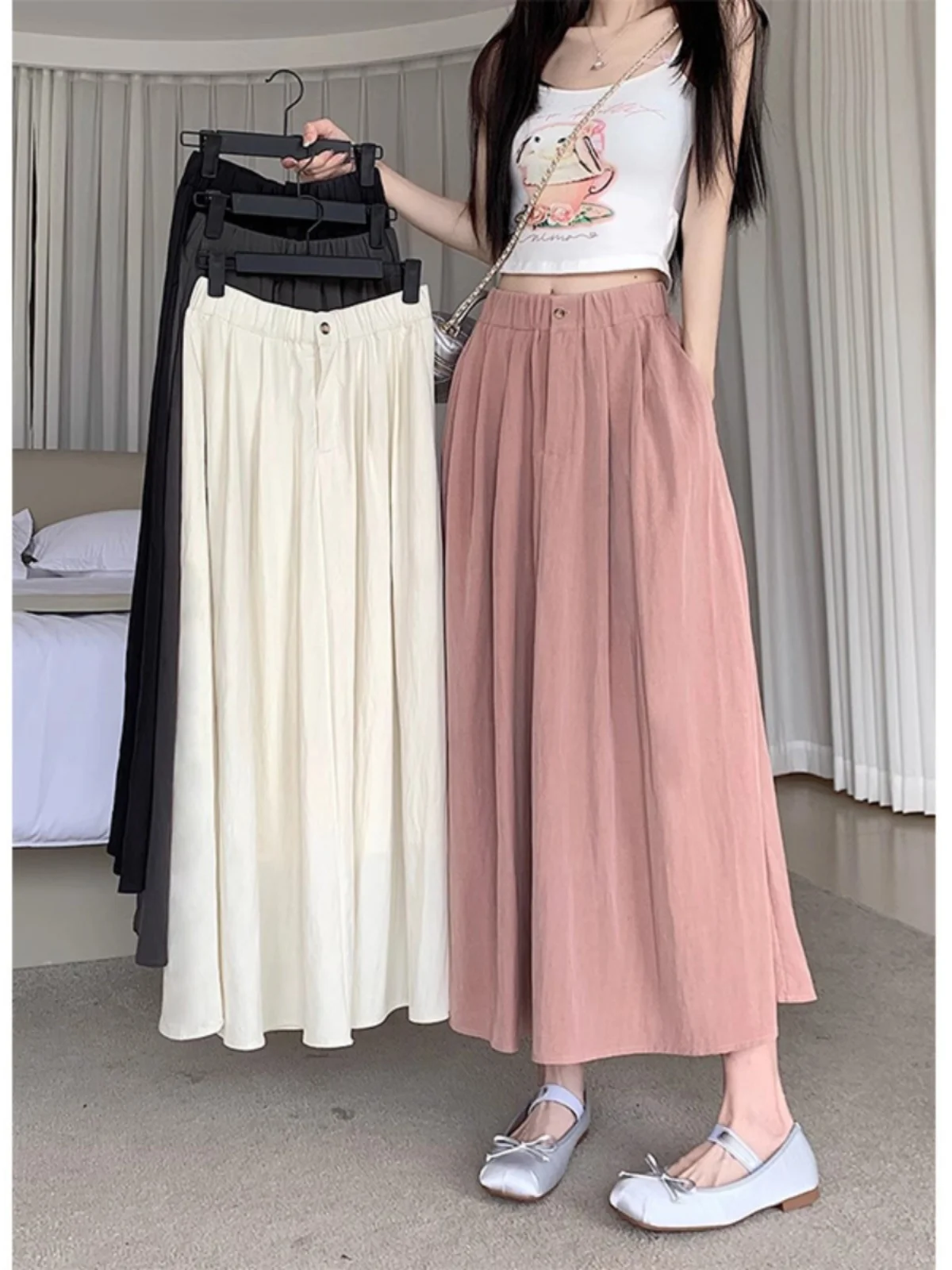 

High Waist Midi A-Line Skirt Women's Pink Lotus Summer New Sle Versatile Flowy Faionable Ins f Body Skirt