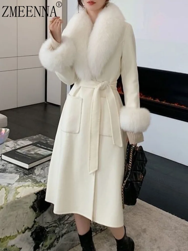 

ZMEENNA женское полушерстяное пальто средней длины с воротником из искусственного меха и манжетами, пояс, элегантная зимняя верхняя одежда, теплая белая слоновая кость ZM4400