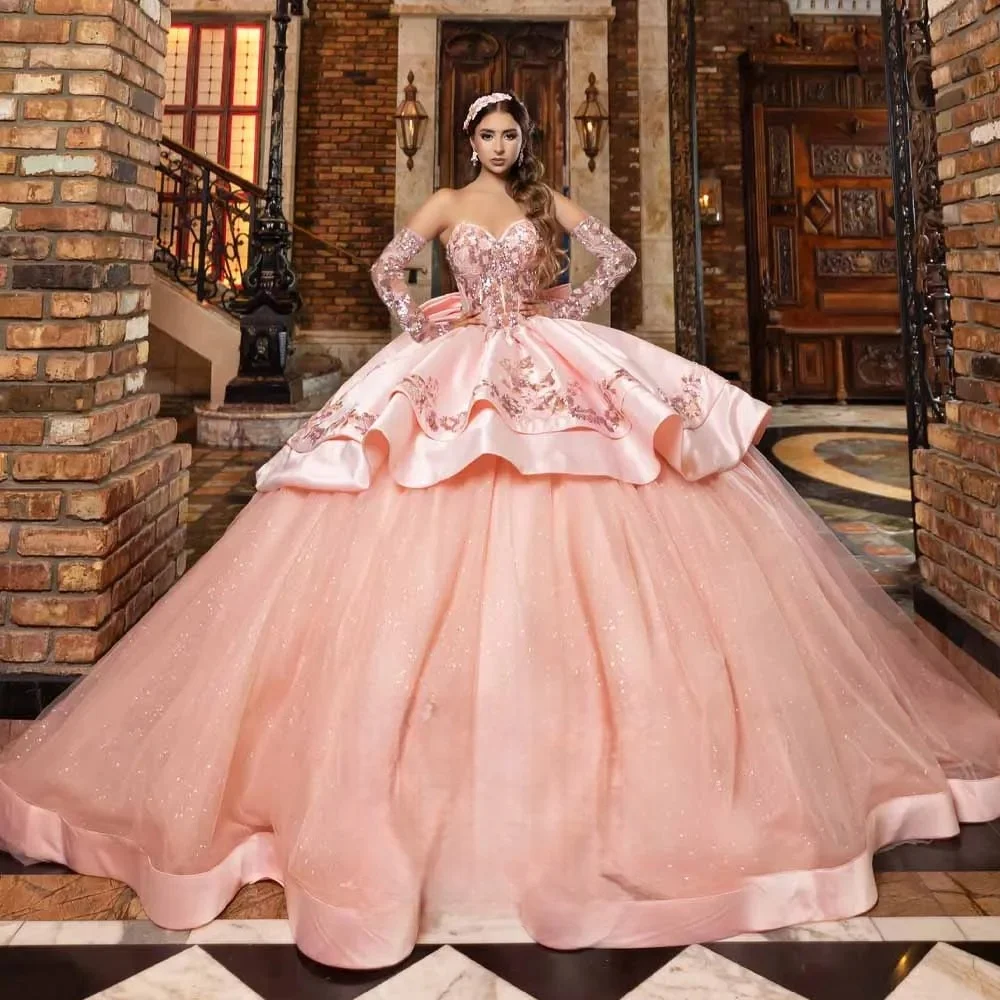 Pink Charro Quinceanera Dresses Ball Gown Sweetheart Appliques Mexican Sweet 16 Dresses 15 Anos Customized
