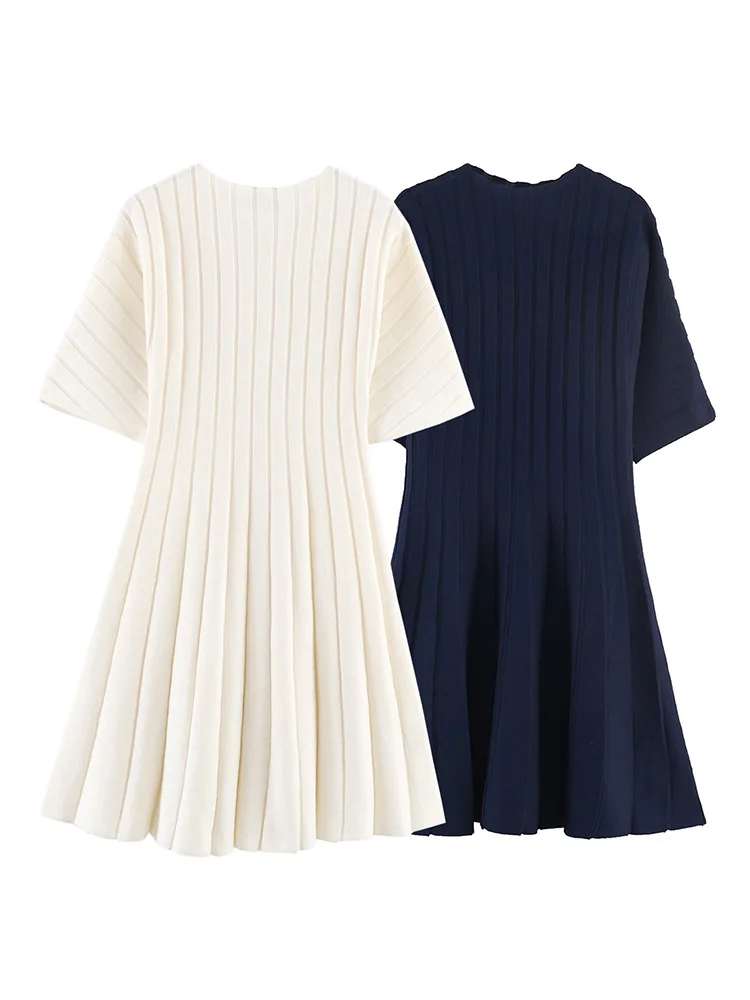 HH Women Fashion Solid Puff Short Sleeve Ribbed Knitted A-Line Dress Female Temperament Elegant Round Neck Slimming Midi Dress