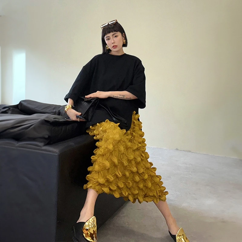 Miyake Pleated Bubble Skirt Women 2023 Autumn New Korean Harajuku Fashion Designer Unique Yellow Hand Pleated Skirt