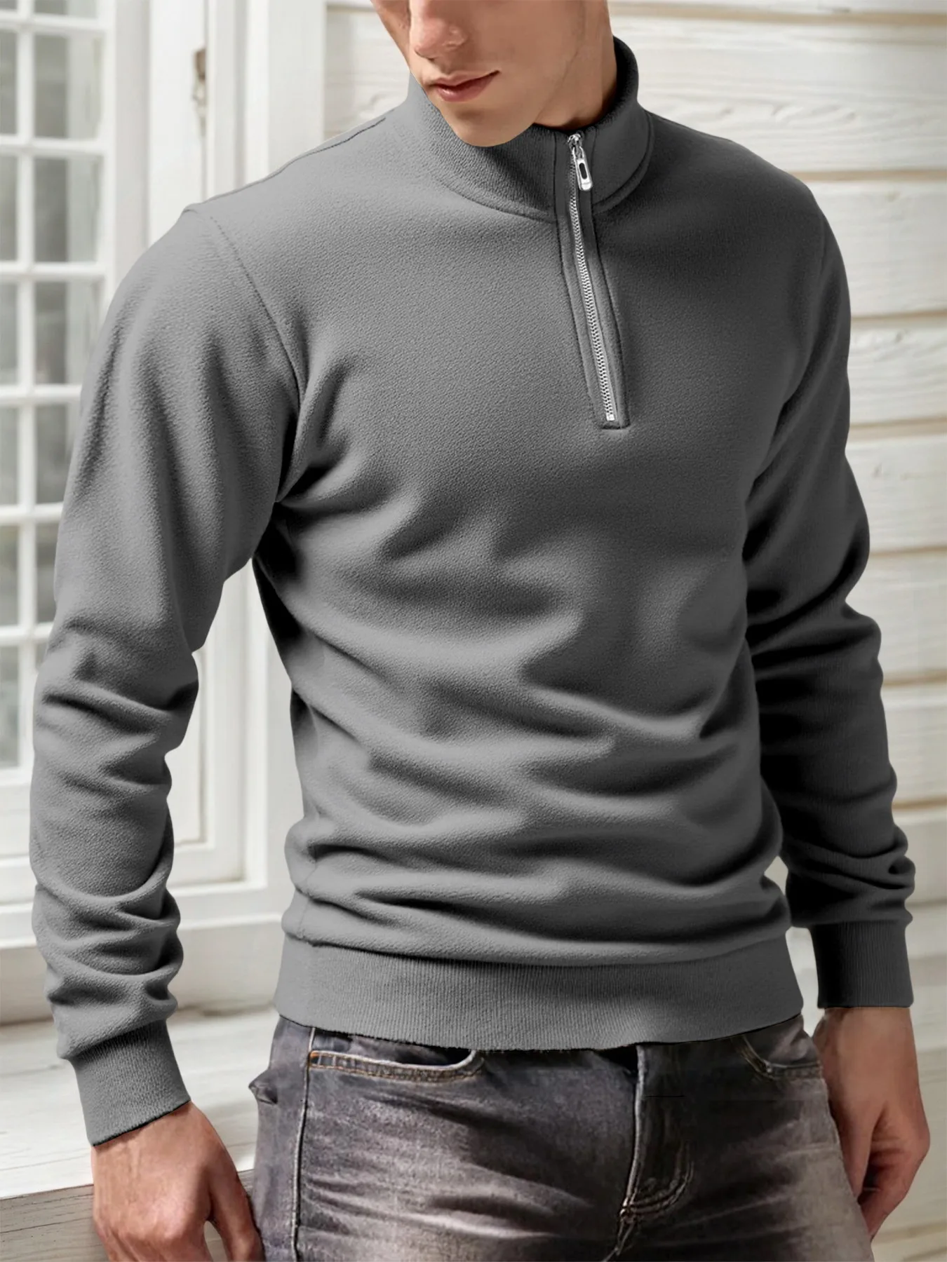 2025 الرجال بلوزات الصوف عادية بلايز نصف سستة الوقوف طوق البلوز الدافئة اليومية الأساسية فضفاضة طويلة الأكمام بلوزات #5