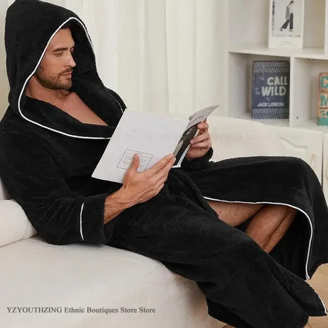

Winter Coral Fleece Men Long Robe Homewear Thicken Warm Hooded Bathrobe Kimono Gown Loose Casual Flannel Nightwear Lounge Wear