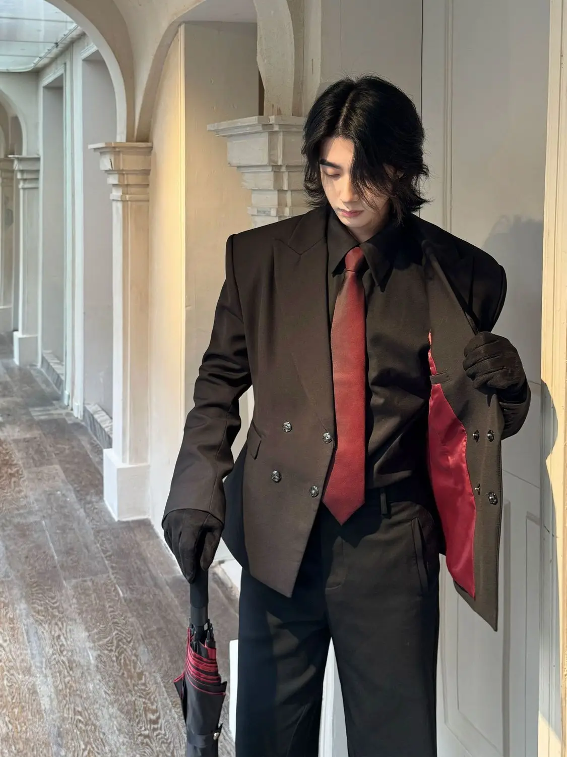 Spring Autumn New Business Formal Double-Breasted Waist-Cinching Suit For Men Unique Design Trendy Jacket Blazers Korea Black