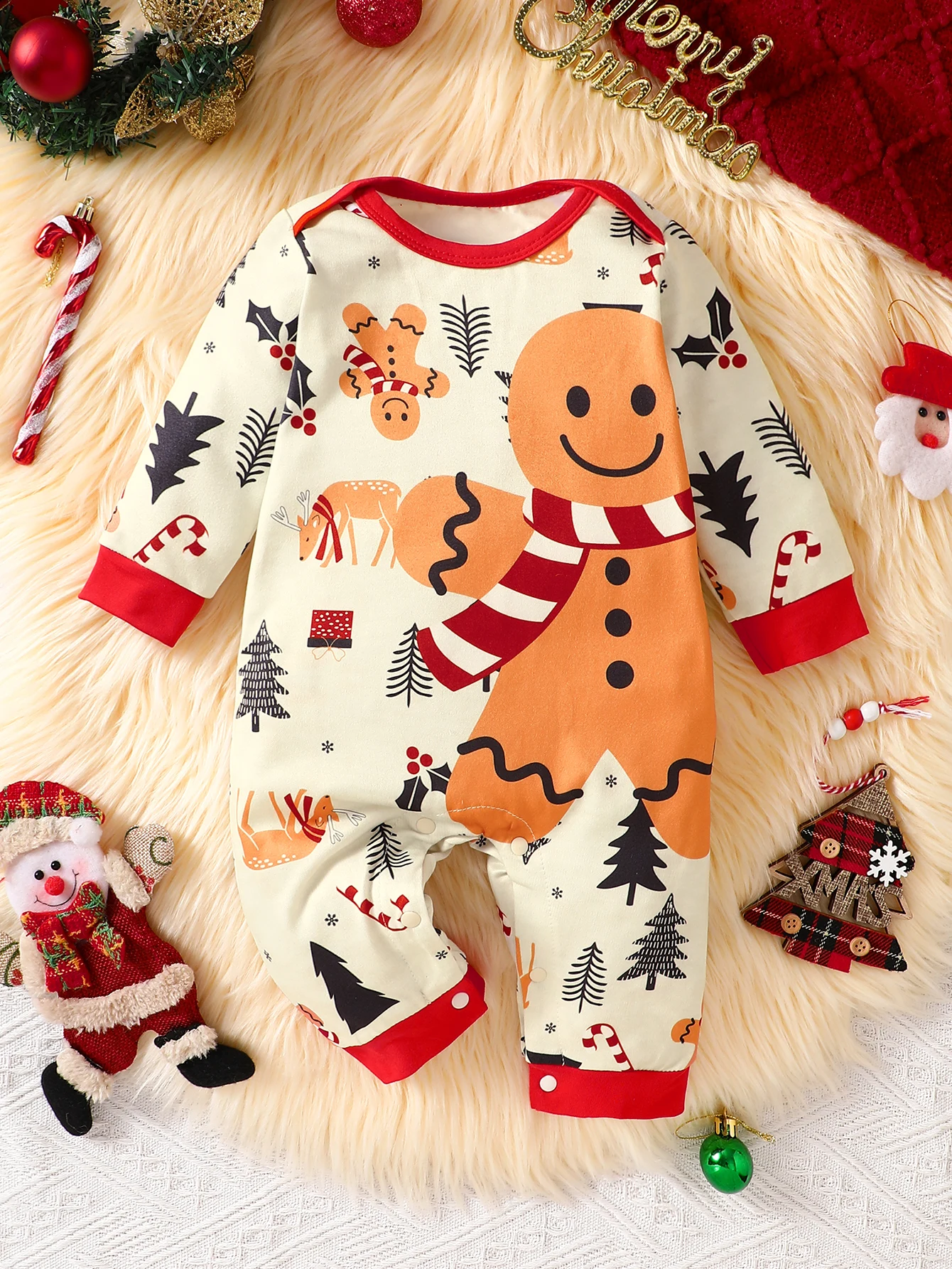 IURNXB Christmas Baby Romper Gingerbread Print Long Sleeve Infant Jumpsuit Newborn One Piece Bodysuit for Holiday Party 1-18M
