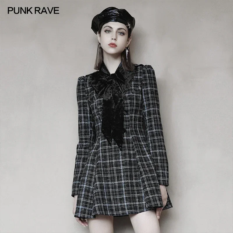 

PUNK RAVE Women's Bow Collect Small V-stand Collar Waist Puff Sleeve Dress A-Line Party Club Girl Dresses Autumn Winter