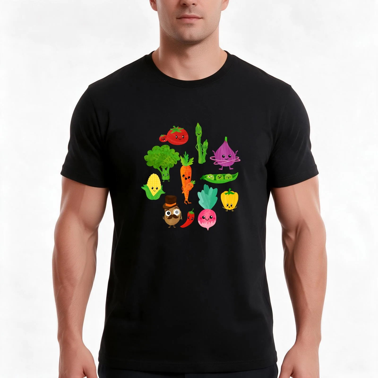 Happy Veggies Cuties Healthy Food Kids Pattern T-Shirt, Summer Casual Cotton Tee, Oversized Streetwear Tops, Unisex Men Women