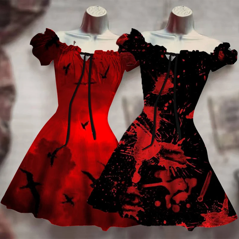 

Red Gothic Horror Blood Ghost Halloween Pumpkin 3D Print Costume Y2K Dress Hawaiian Bohemian Dress Vestido Mujer Skull Black