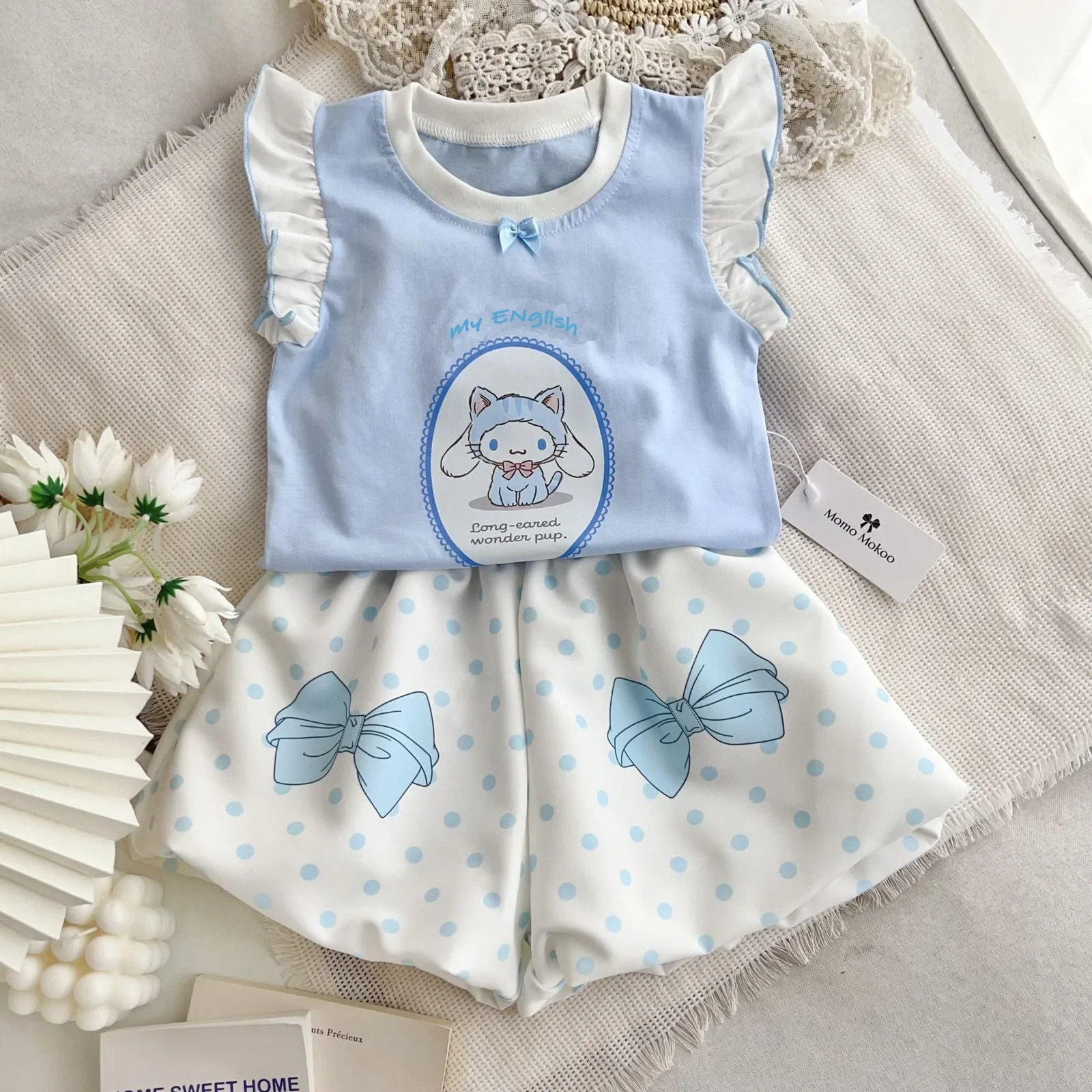 

Sanrio summer ruffle little fly sleeve short sleeve cute bud shorts suit hello kitty children shorts girls princess vest T-shirt