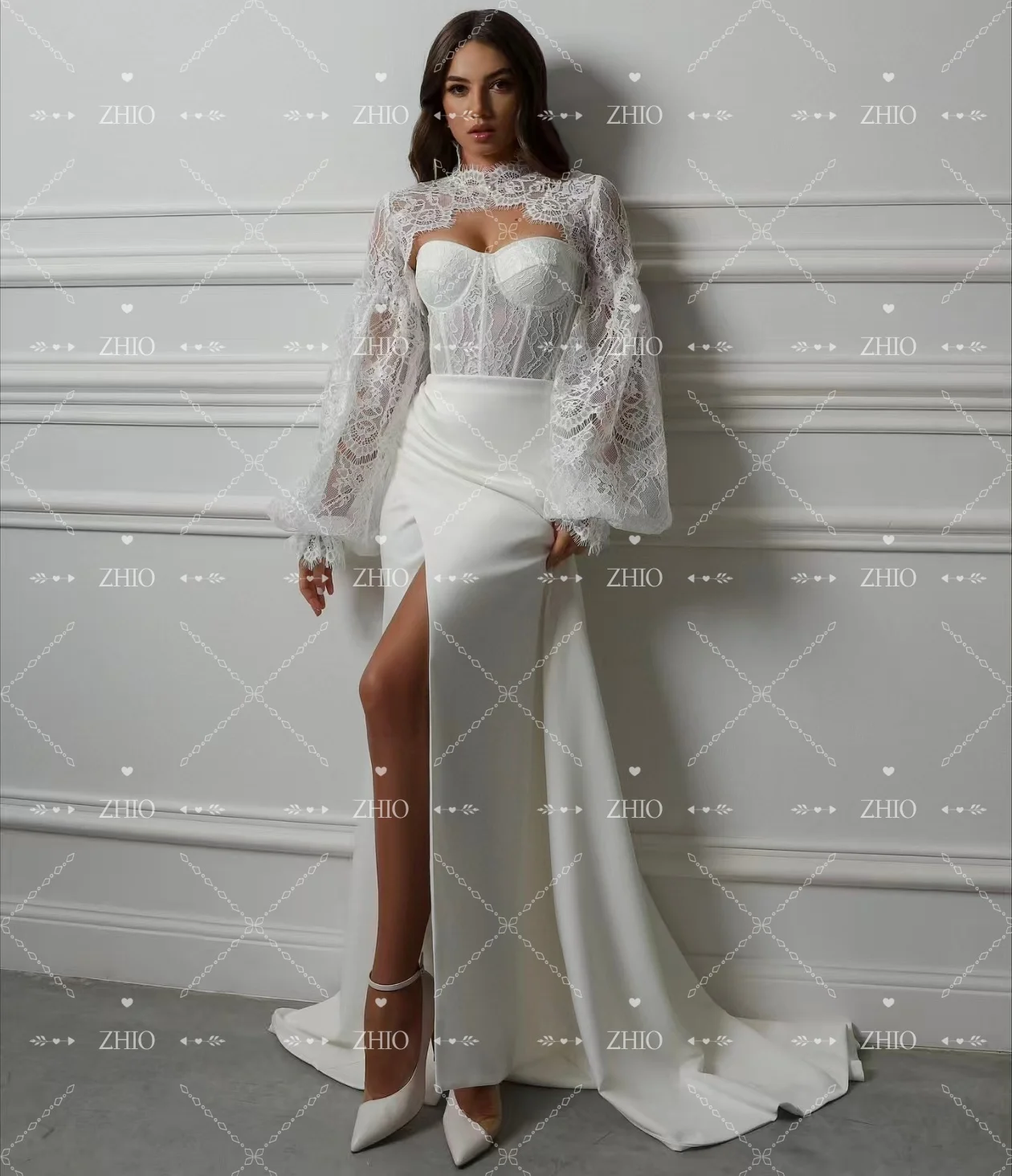 ZHIO فستان زفاف أنيق حورية البحر رقبة عالية دانتيل وأكمام طويلة مطوي جانبي فتحة عالية من الساتان فساتين سهرة فستان زفاف مخصص #5