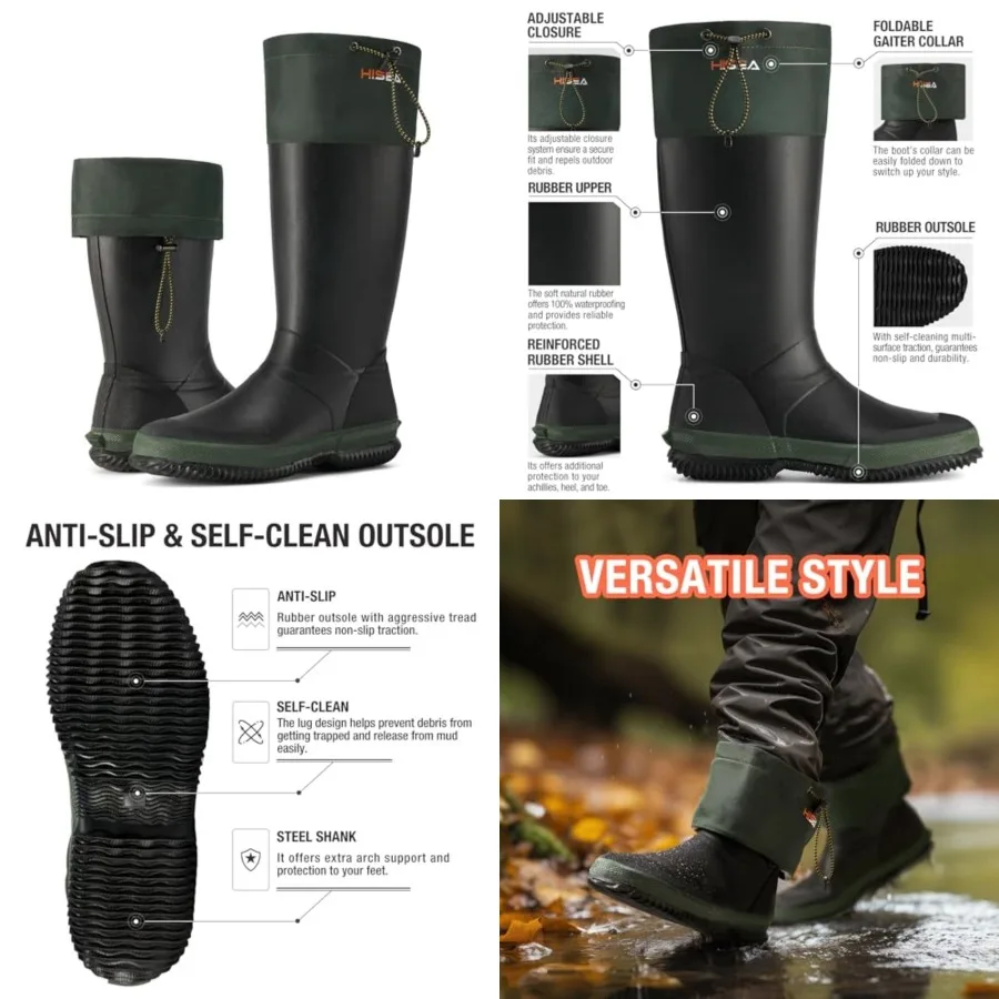 

HISEA Men's Rubber Rain Boots, Waterproof Lightweight Mud Boots with Adjustable Gaiter Collar, Comfortable Tall Garden Shoes fo