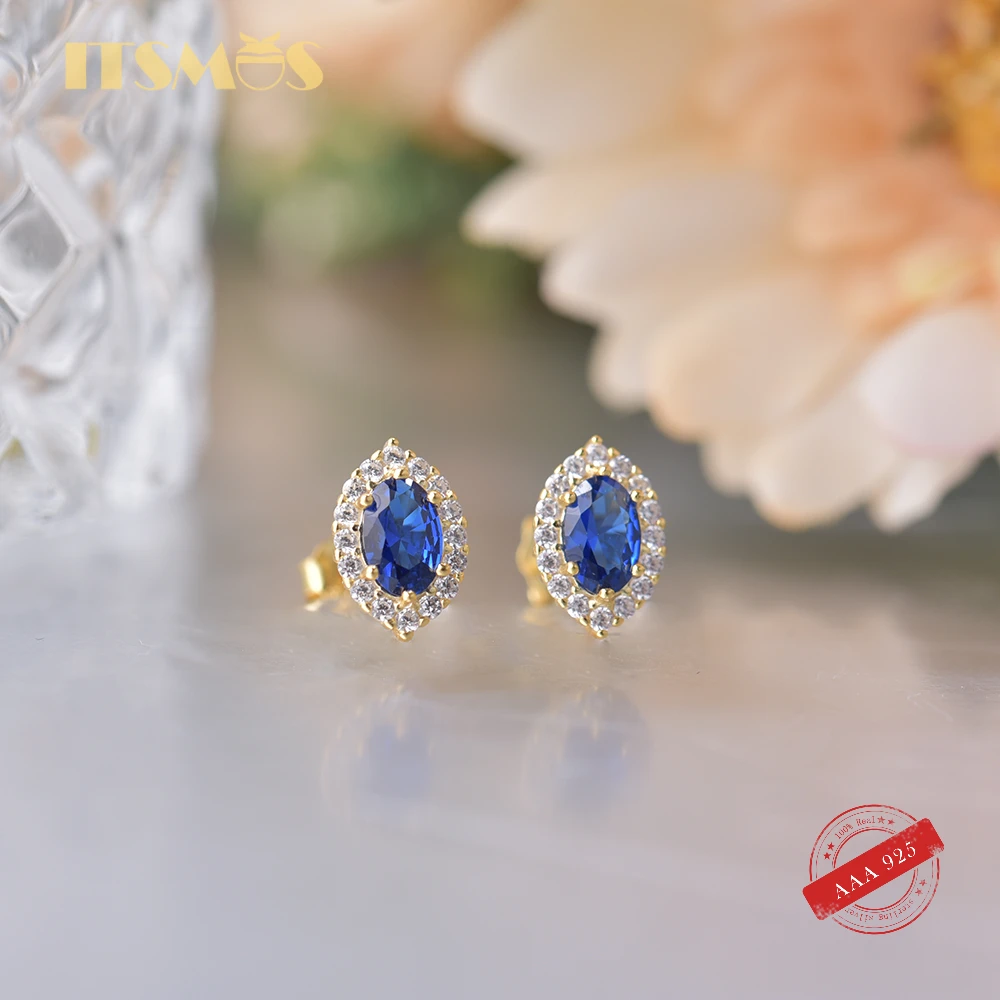 

ITSMOS 925 Sterling Silver Blue Created Sapphire Stud 14k Gold-plated Gemstone Earrings Halo Princess Post Earrings for Women