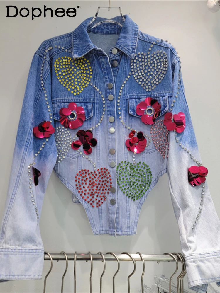 

Street Hipster Gradient Color Short Denim Coat Female 2024 Autumn New Heavy Industry Rhinestone Sequins Denim Jacket Women