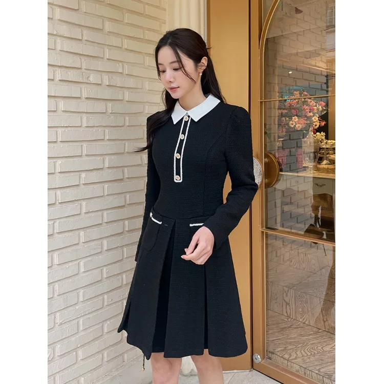 

Ele Korean Sle Bouclé Dr with Pleated Skirt And Small Turn-down Collar for Young Women in Their 20s And 30s