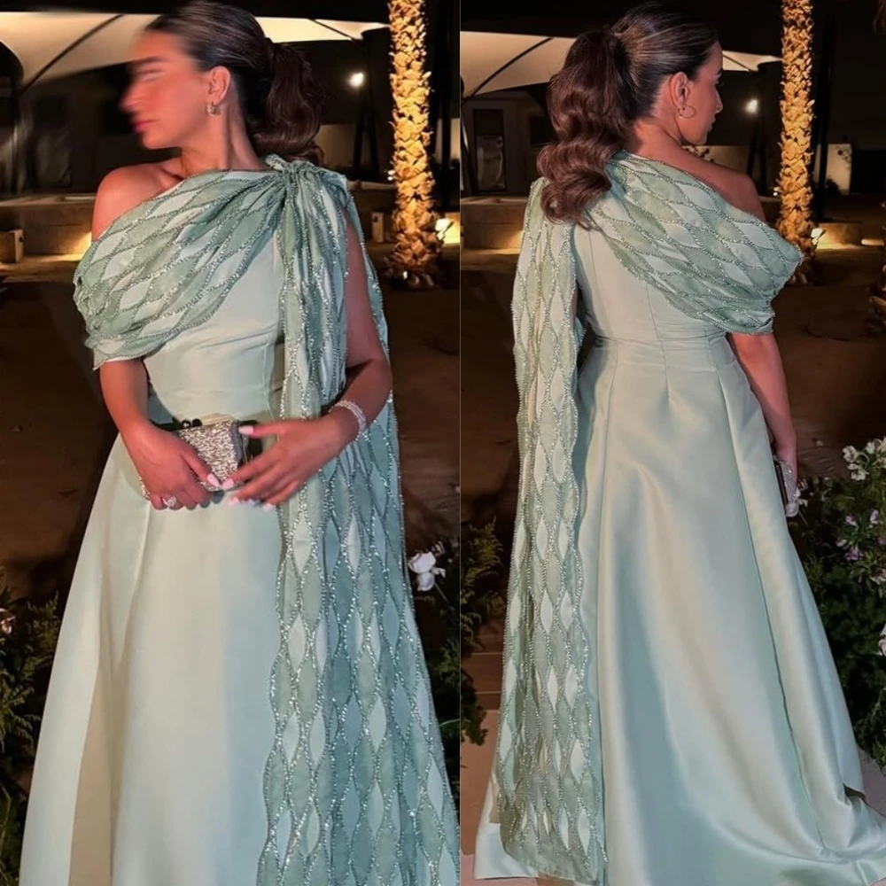 

Customized Simple Green Satin Evening Dress Exquisite Prom Dress One Shoulder Chapel Train Luxury Special Occasion Gowns