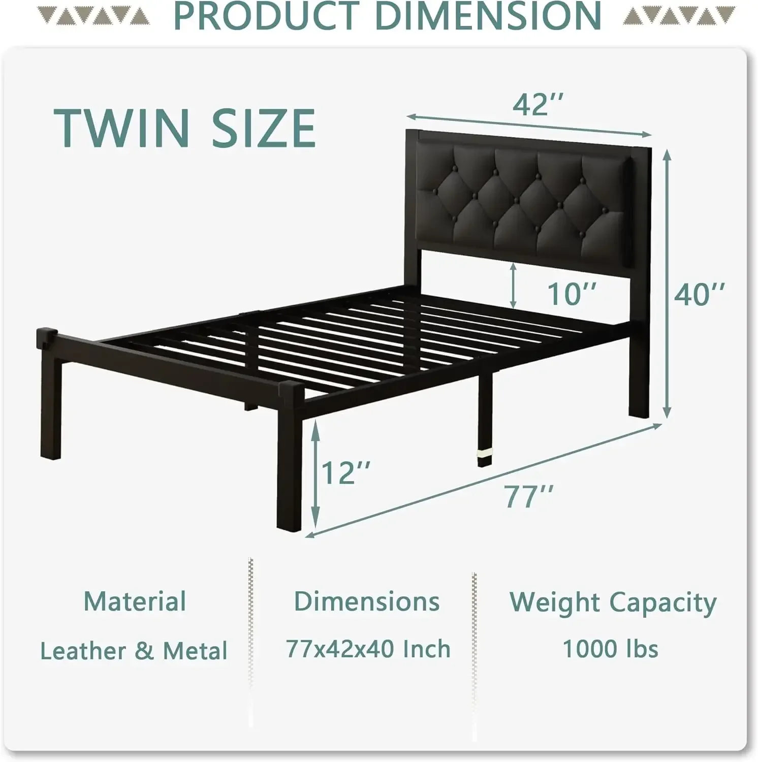 Twin Size Metal Bed Frame with Faux Leather Button Tufted Headboard, Heavy-Duty Platform Bed Frame with 12" Storage, Ste