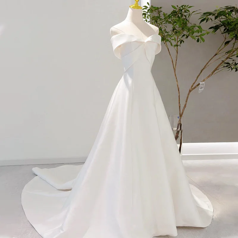 Boat Neck Wedding Dress 2024 New Satin With Small Train Bride Dress Sexy Simple Elegant Vestido De Noiva Custom Size Customized