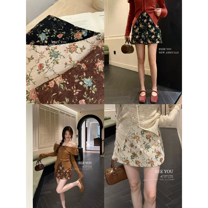 가을과 겨울 다용도 레트로 신상 자수 플로럴 하이웨이스트 슬림 스커트 소형 체형용