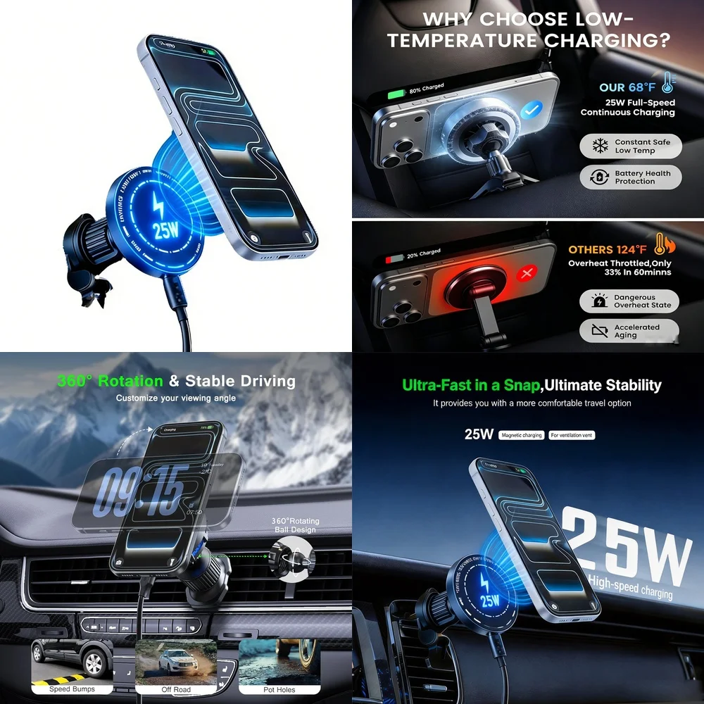 25W Magnetic Wireless Car Charger For iPhone 17 16 15 Pro Max Fast Charging Air Vent Mount Stand Phone Holder Charging Support
