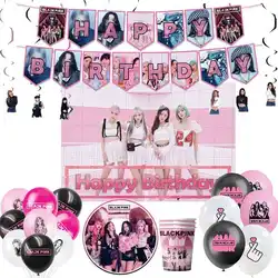 Mädchen schwarz-ppink Einweg geschirr Kind Ballon Geburtstags feier Dekor Hintergrund Baby party Cake topper Platte Banner Tasse Serviette