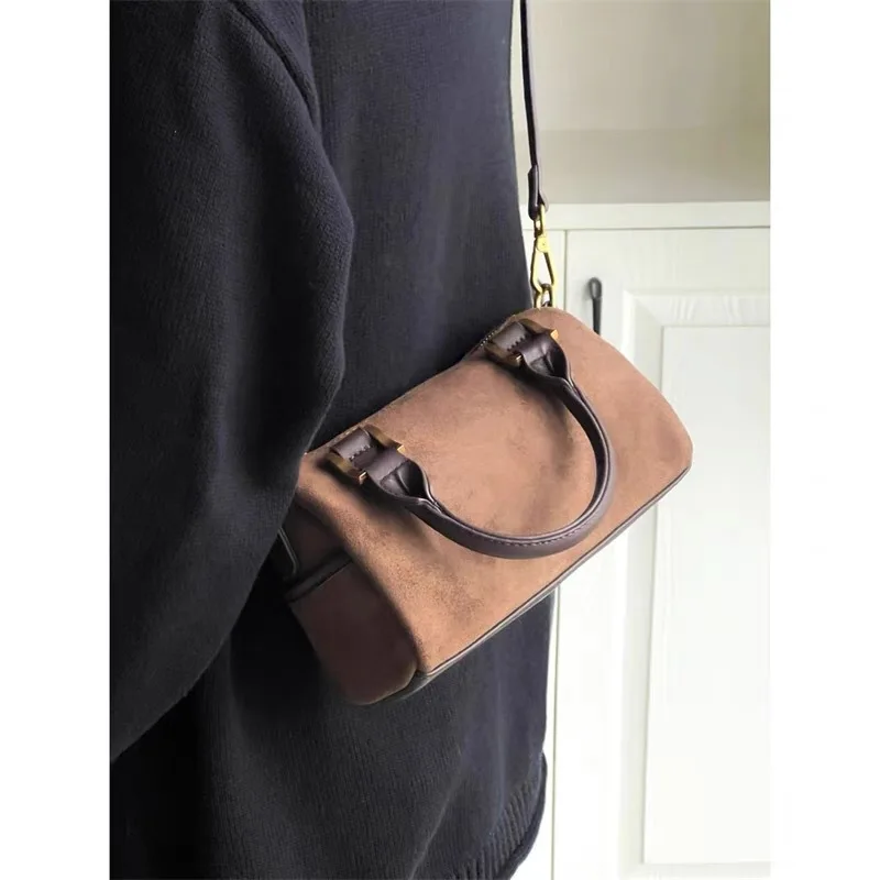 Korean Vintage Ladies Top Handle Bags Autumn Winter Brown Boston Crossbody Bags Simple Leather Shoulder Bags Women\'s Handbags