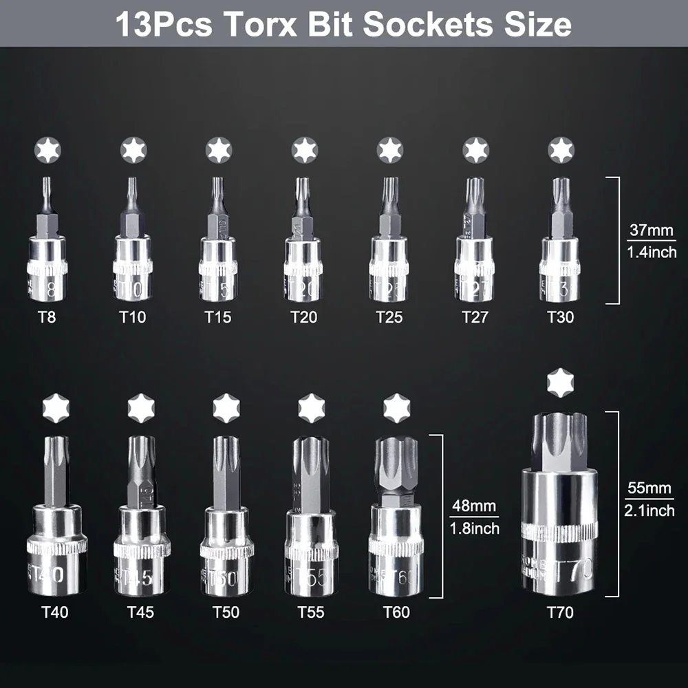 13pc Torx Star Bit Socket Nuts Set 1/4 3/8 and 1/2\