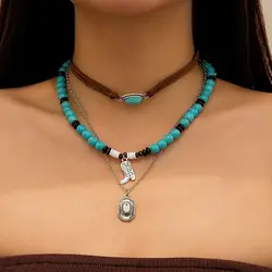KunJoe 3Pcs Natural Stone Wooden Beads Choker Necklace Set for Women Vintage Cowboy Hat Shoes Pendant Necklace Neck Accessories